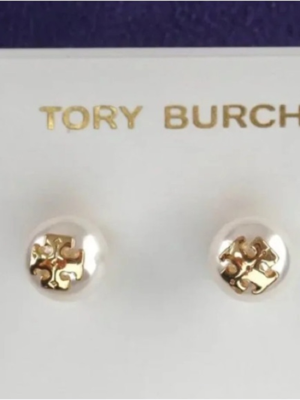 Tory Burch White Pearl Stud Earrings with Gold Logo